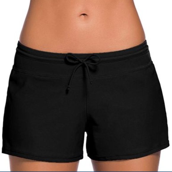 modlily Pants - Drawstring Waist Solid Black Swimwear Shorts